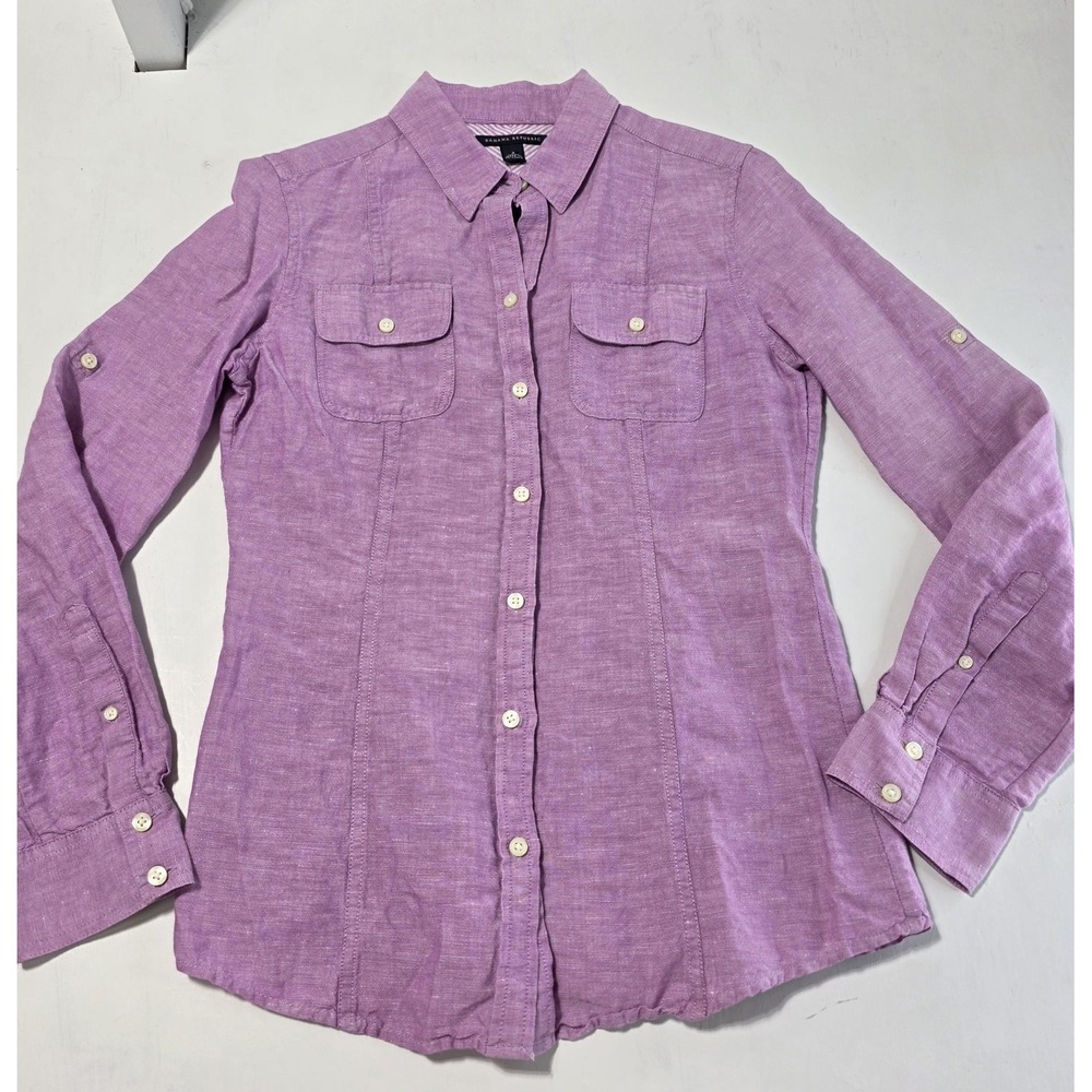 Banana Republic Linen Shirt Womens 4 Petunia Purple Button Up Roll Tab Blouse